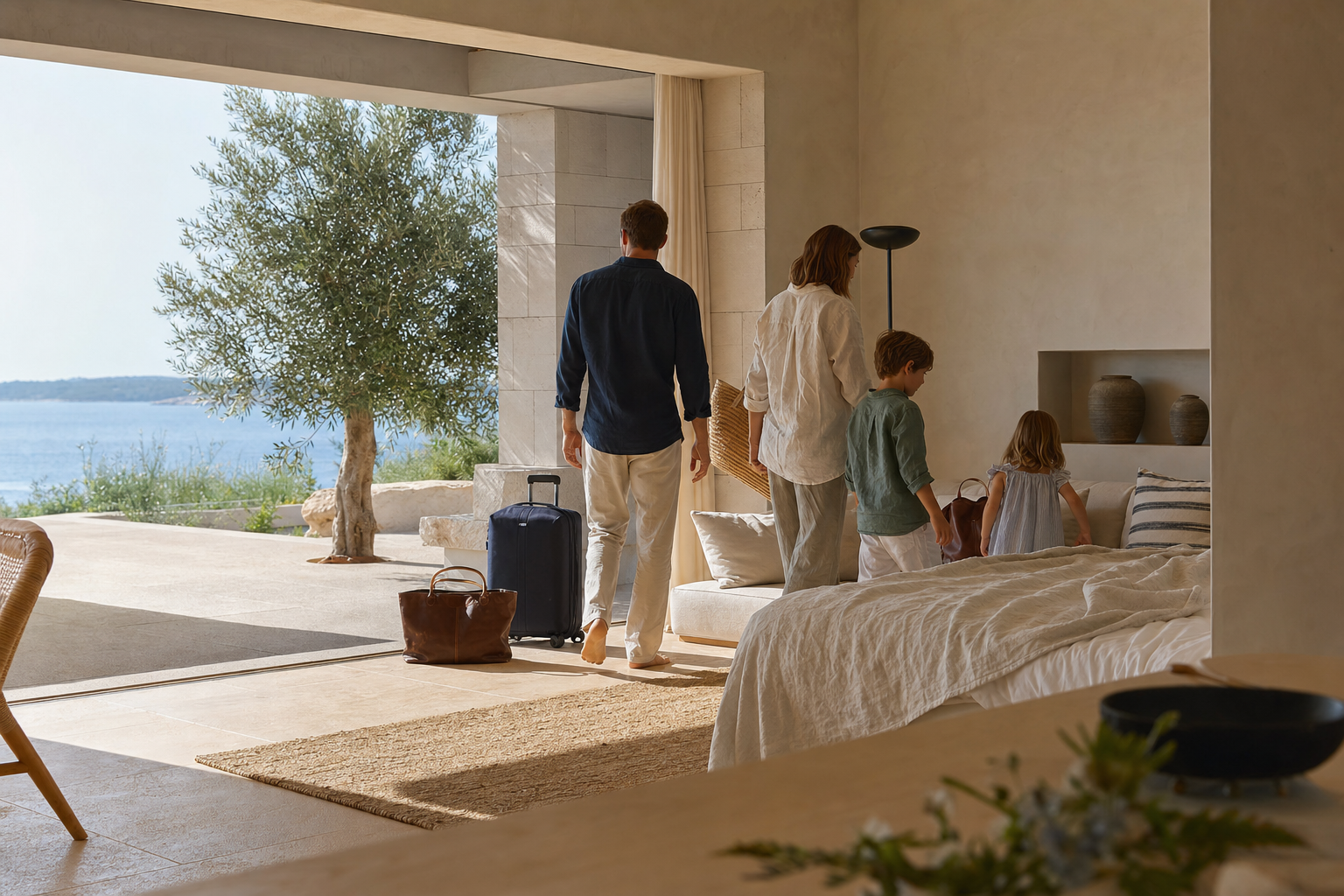 A family of four arriving in a quiet Mediterranean hotel suite