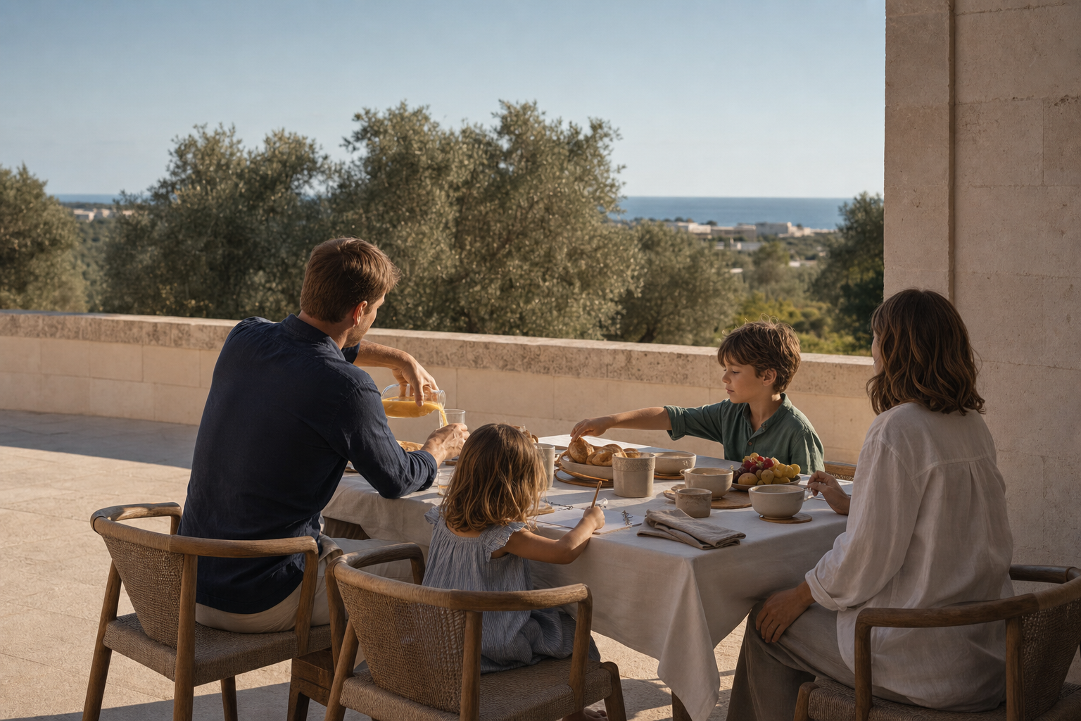 A family breakfast on a sunlit hotel terrace