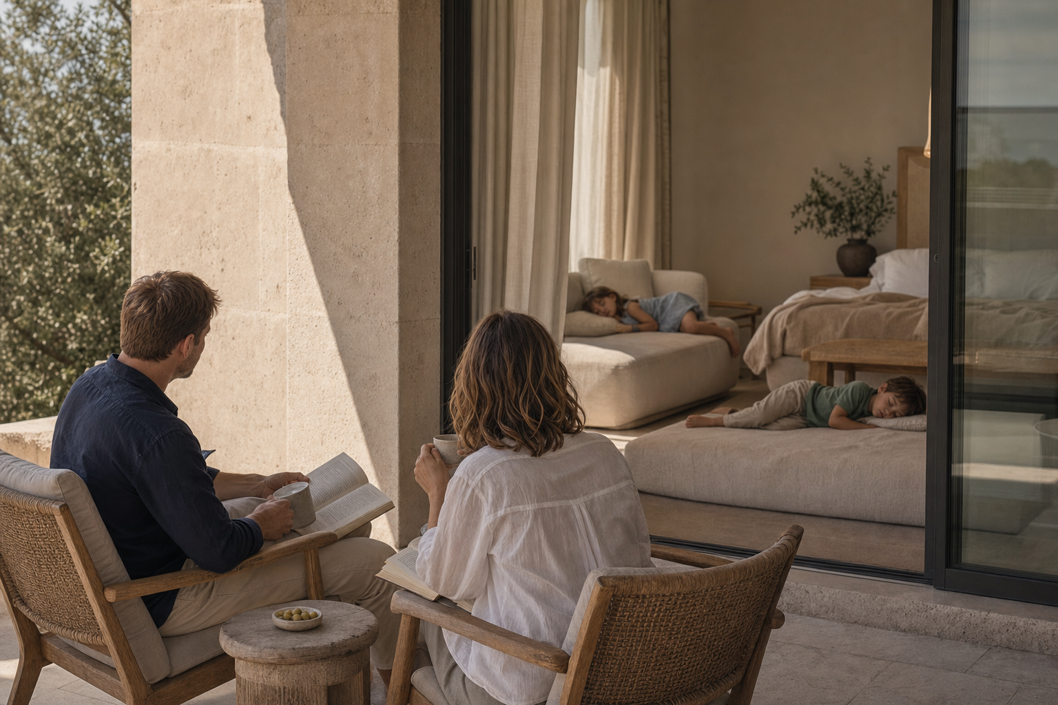 Parents sharing a quiet moment while their children rest in the suite