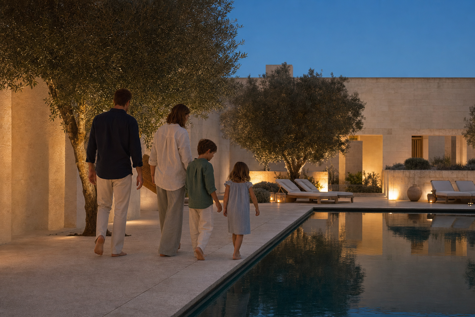 A family walking through a Mediterranean resort at dusk